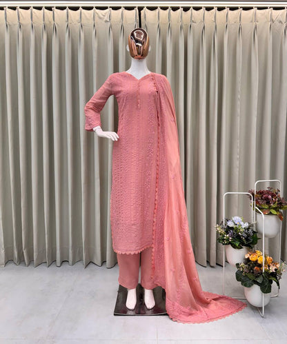 Premium Chinon Top, Plazzo & Dupatta Set – Cotton Thread Embroidery
