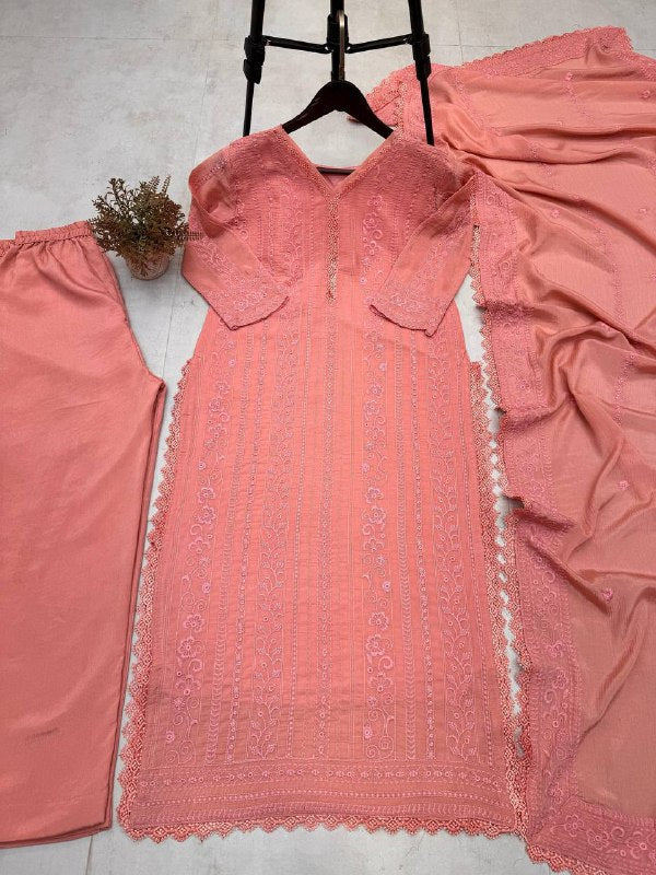 Premium Chinon Top, Plazzo & Dupatta Set – Cotton Thread Embroidery