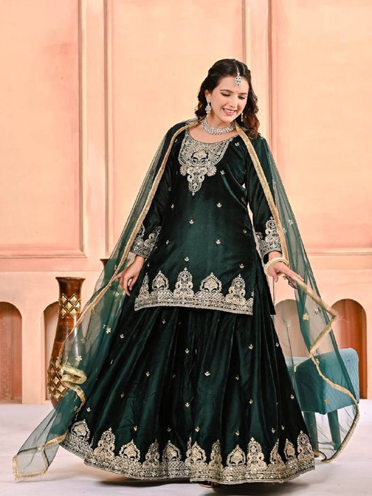 Premium Velvet Top, Sharara Plazzo & Butterfly Net Dupatta