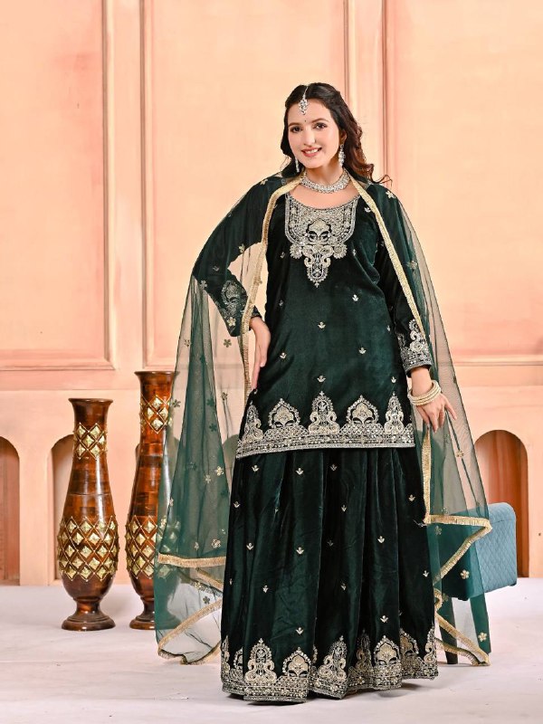 Premium Velvet Top, Sharara Plazzo & Butterfly Net Dupatta