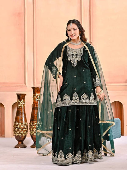 Premium Velvet Top, Sharara Plazzo & Butterfly Net Dupatta