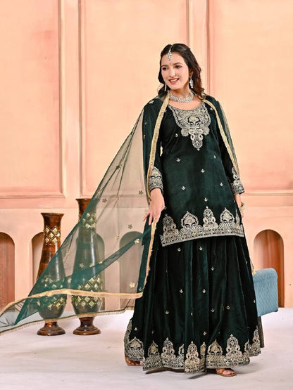 Premium Velvet Top, Sharara Plazzo & Butterfly Net Dupatta