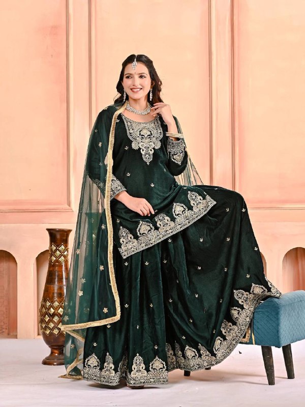 Premium Velvet Top, Sharara Plazzo & Butterfly Net Dupatta