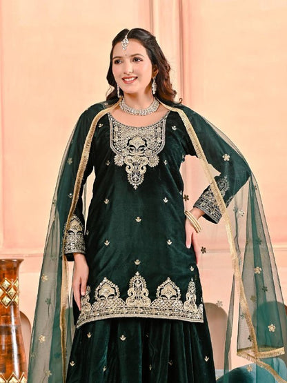 Premium Velvet Top, Sharara Plazzo & Butterfly Net Dupatta