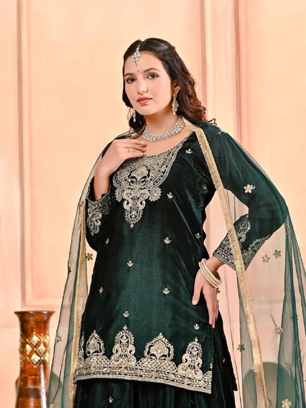 Premium Velvet Top, Sharara Plazzo & Butterfly Net Dupatta
