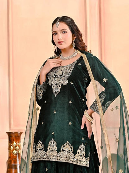 Premium Velvet Top, Sharara Plazzo & Butterfly Net Dupatta