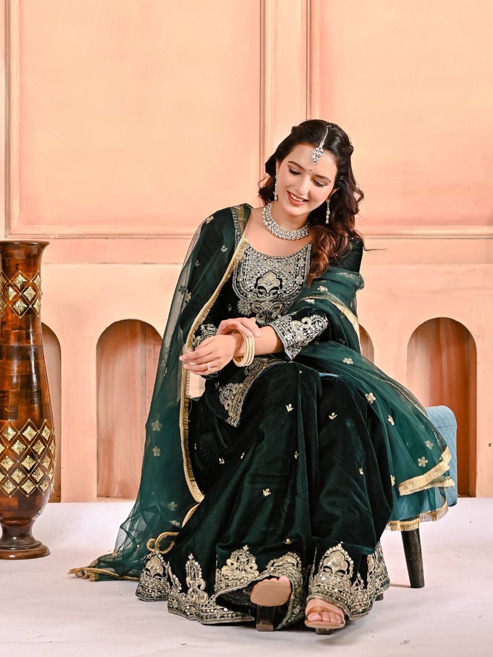 Premium Velvet Top, Sharara Plazzo & Butterfly Net Dupatta
