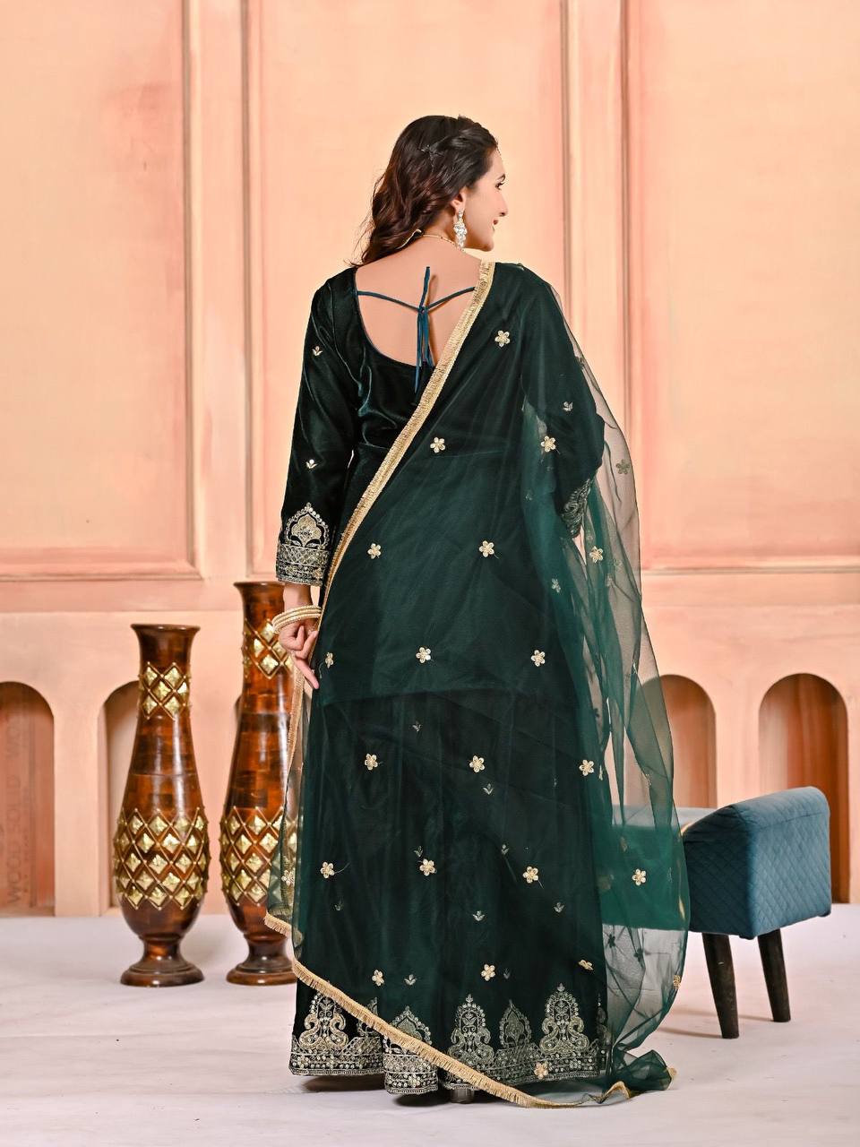 Premium Velvet Top, Sharara Plazzo & Butterfly Net Dupatta