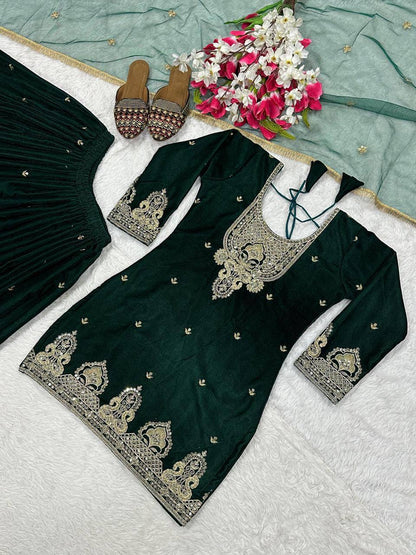 Premium Velvet Top, Sharara Plazzo & Butterfly Net Dupatta