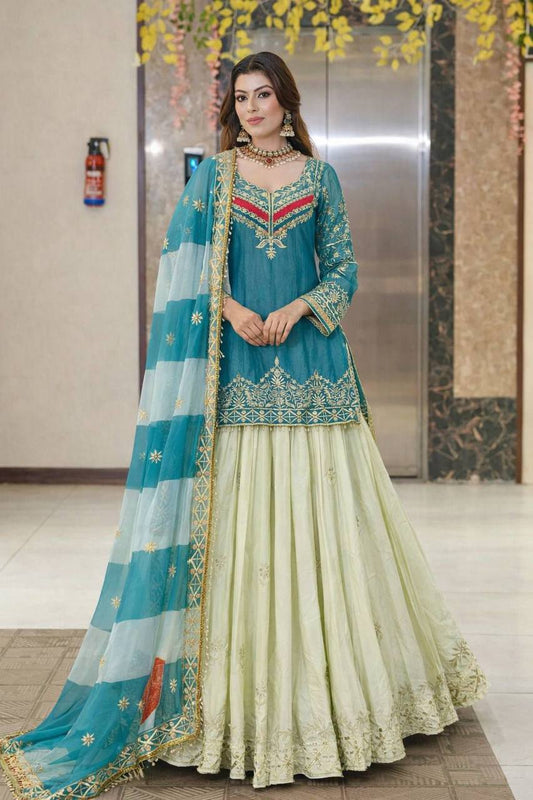 Premium Fandy Silk Top, Crepe Silk Lehenga & Organza Dupatta