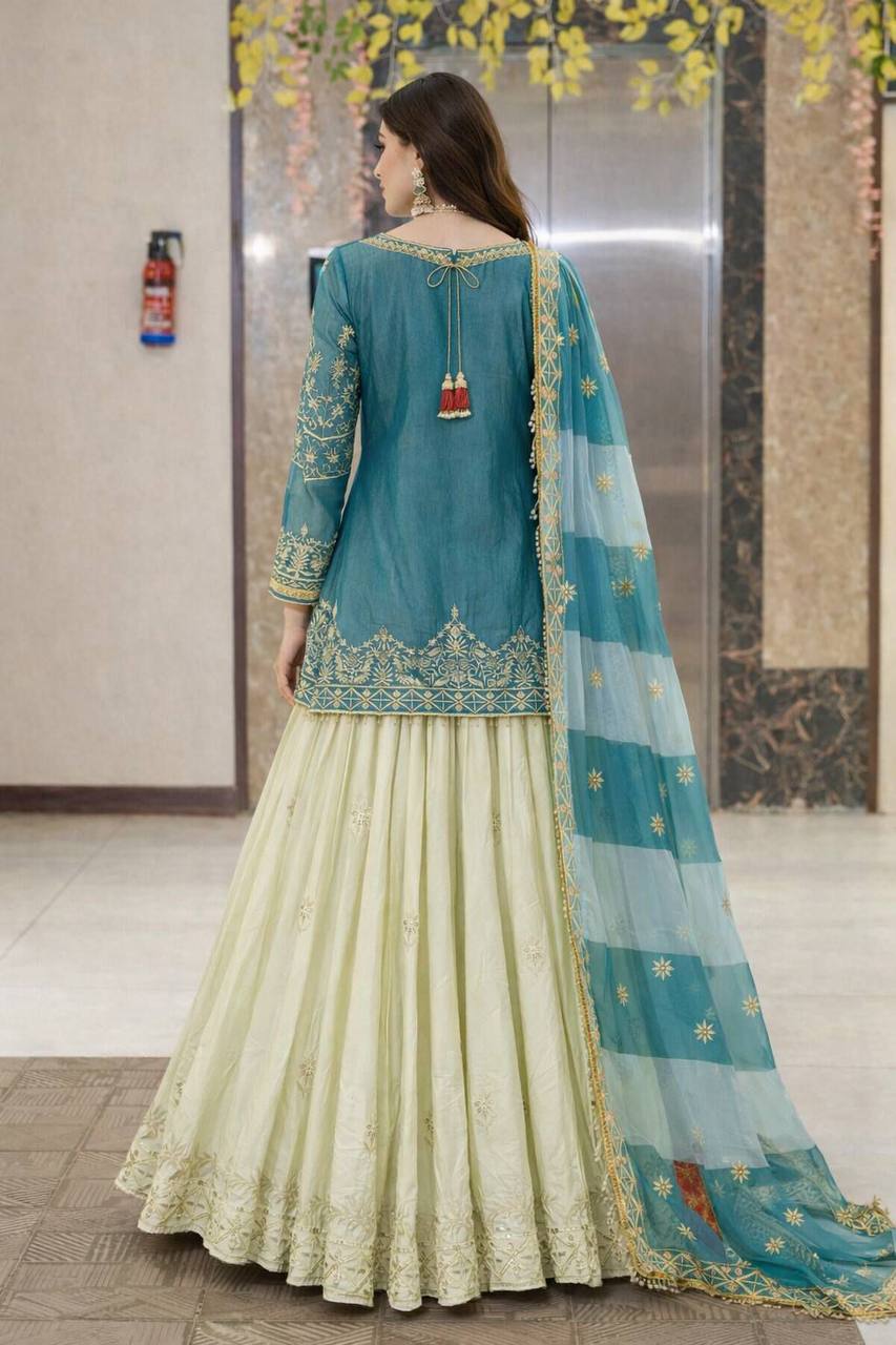 Premium Fandy Silk Top, Crepe Silk Lehenga & Organza Dupatta