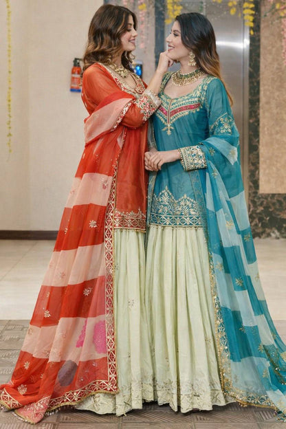 Premium Fandy Silk Top, Crepe Silk Lehenga & Organza Dupatta