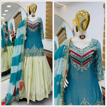 Premium Fandy Silk Top, Crepe Silk Lehenga & Organza Dupatta