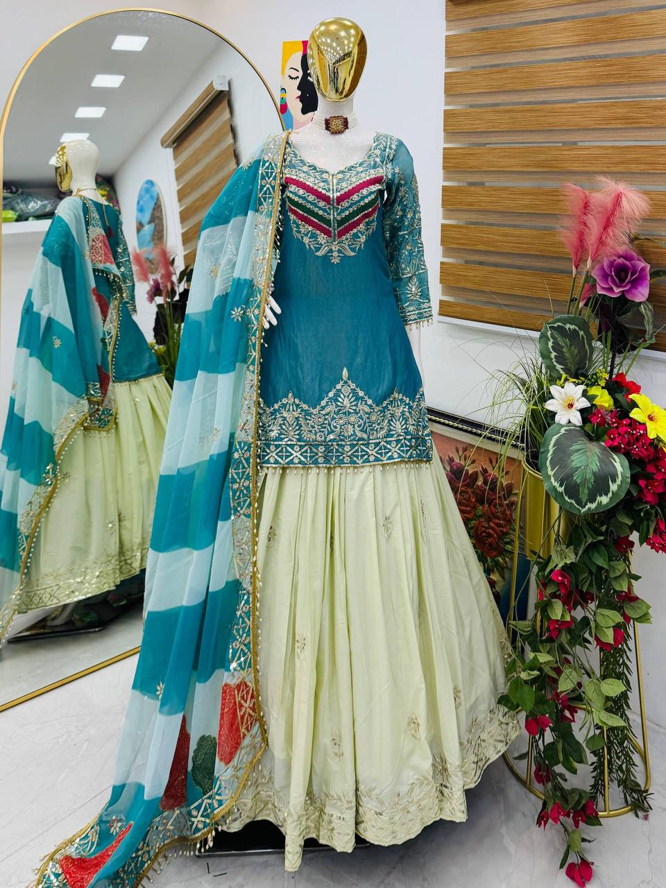 Premium Fandy Silk Top, Crepe Silk Lehenga & Organza Dupatta