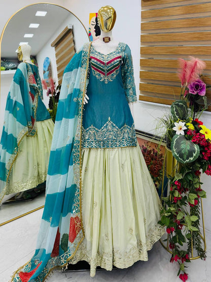 Premium Fandy Silk Top, Crepe Silk Lehenga & Organza Dupatta