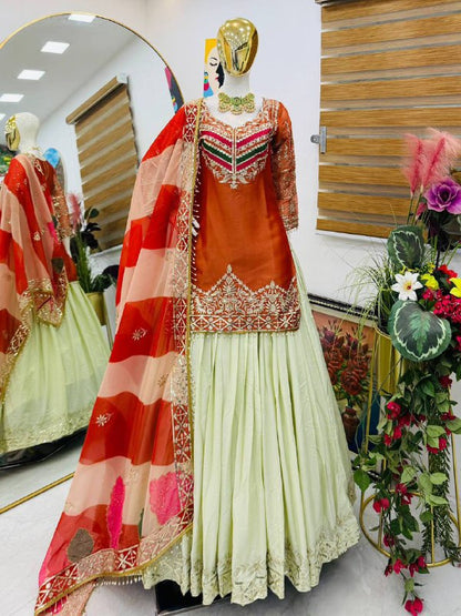 Premium Fandy Silk Top, Crepe Silk Lehenga & Organza Dupatta