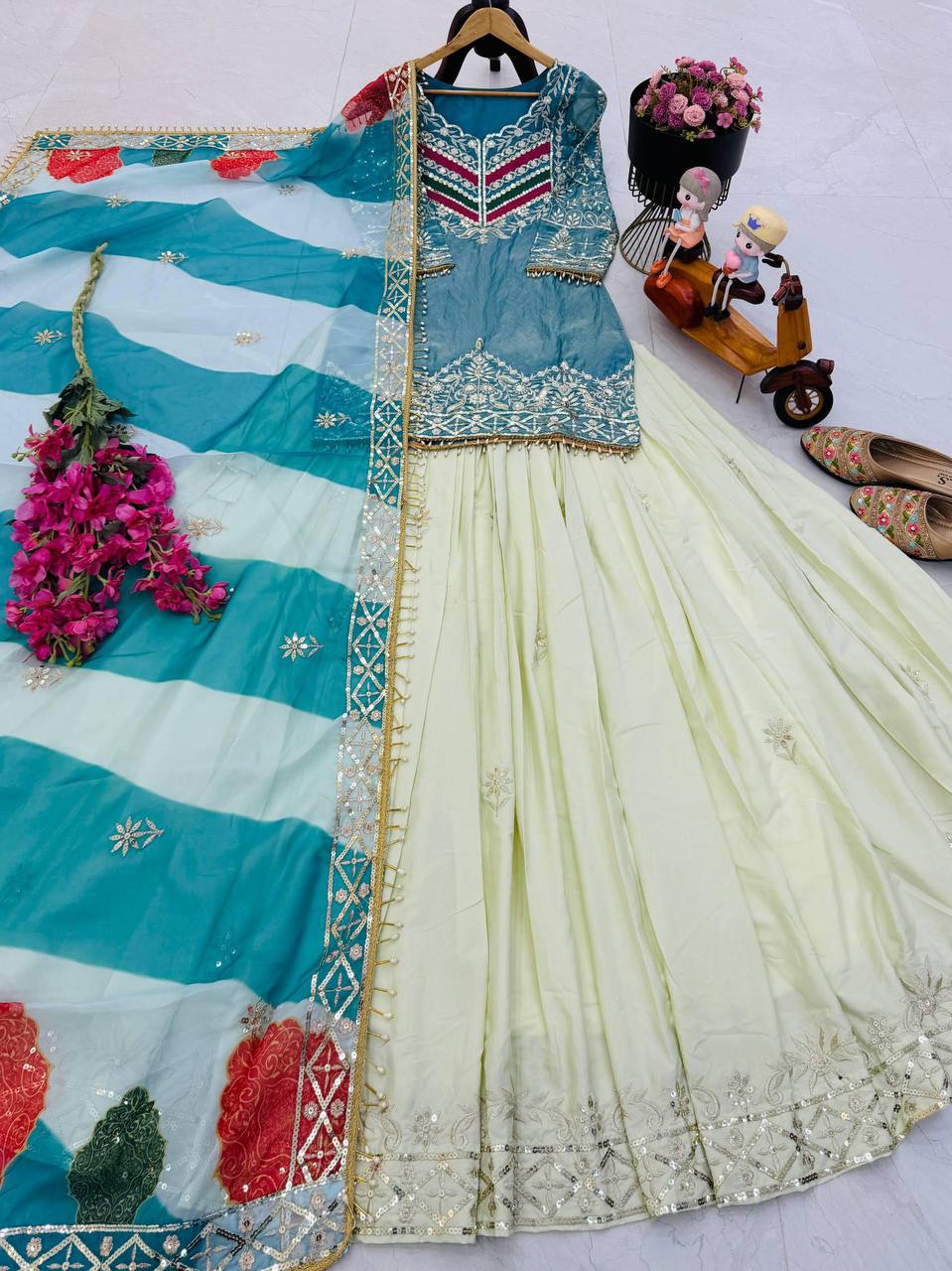 Premium Fandy Silk Top, Crepe Silk Lehenga & Organza Dupatta