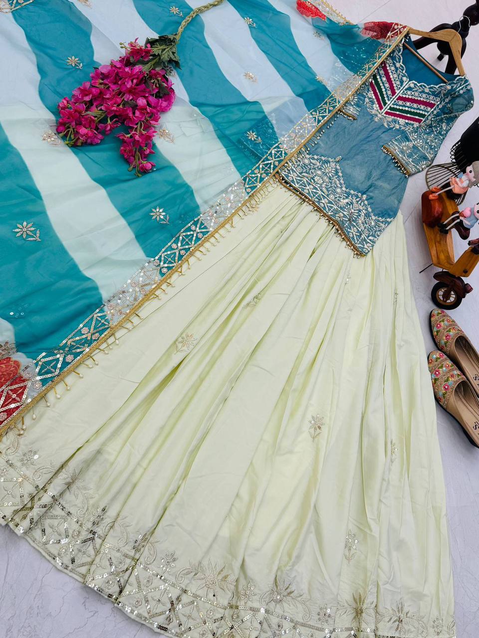 Premium Fandy Silk Top, Crepe Silk Lehenga & Organza Dupatta