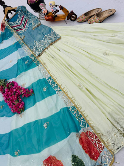 Premium Fandy Silk Top, Crepe Silk Lehenga & Organza Dupatta