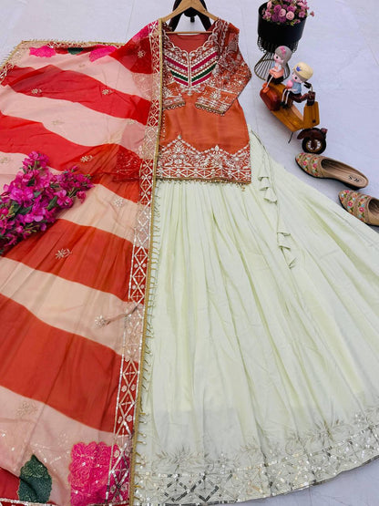 Premium Fandy Silk Top, Crepe Silk Lehenga & Organza Dupatta