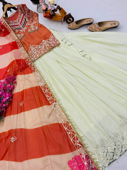 Premium Fandy Silk Top, Crepe Silk Lehenga & Organza Dupatta