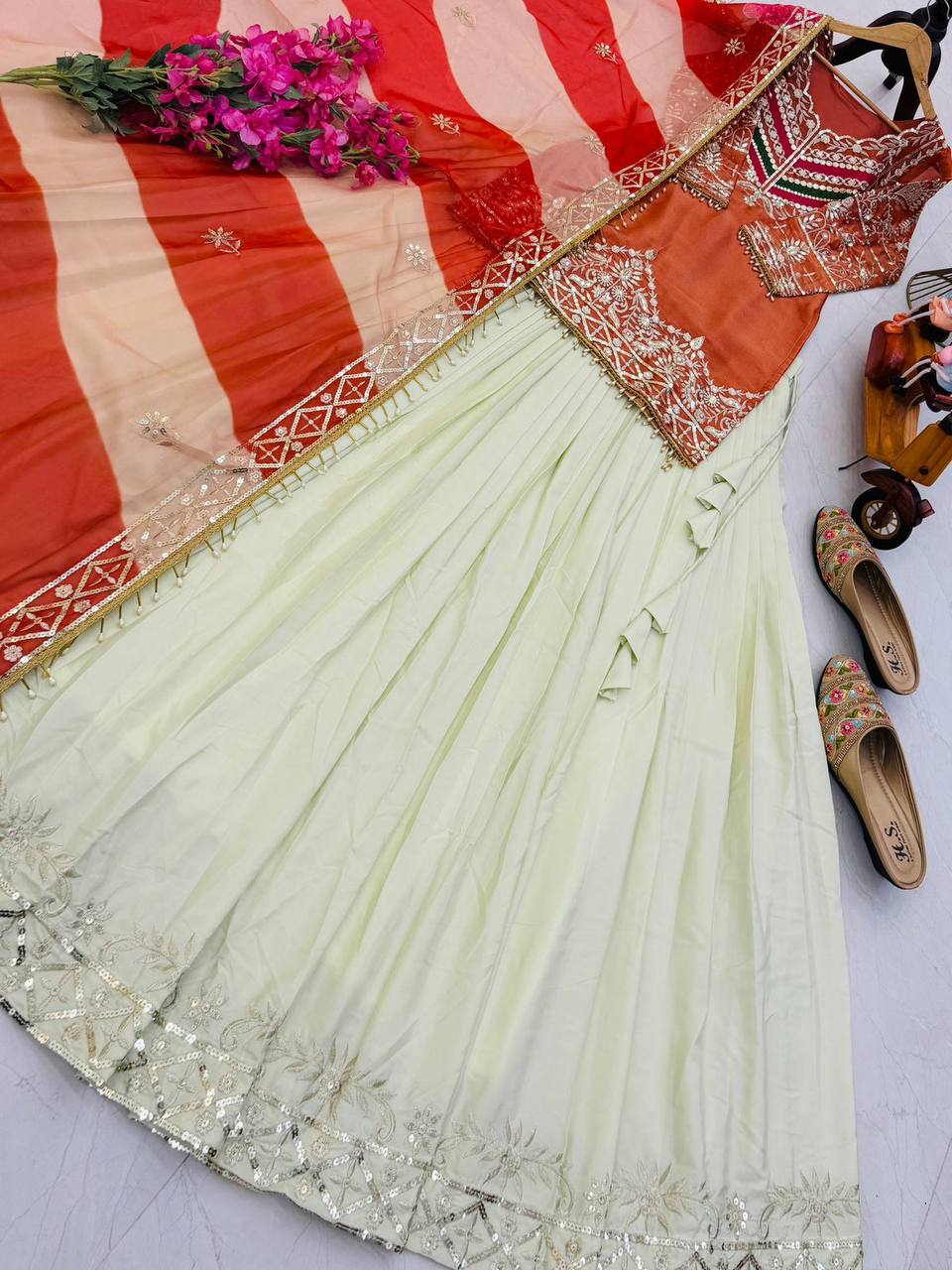 Premium Fandy Silk Top, Crepe Silk Lehenga & Organza Dupatta