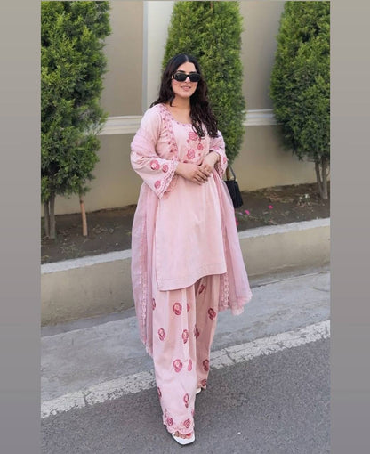 Premium Natural Crepe Top, Farshi Plazzo & Faux Georgette Dupatta