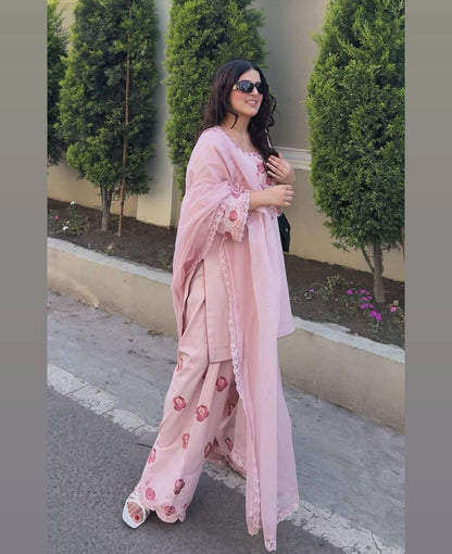 Premium Natural Crepe Top, Farshi Plazzo & Faux Georgette Dupatta