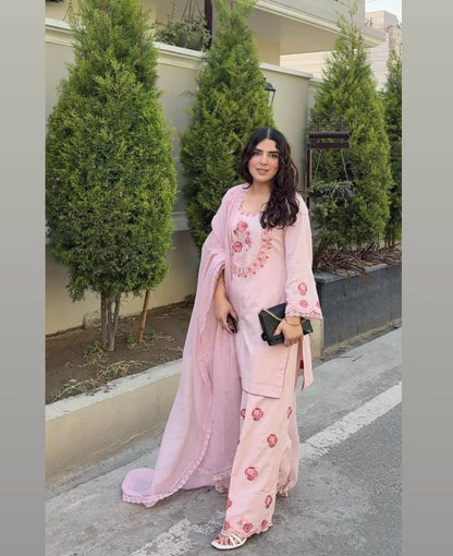 Premium Natural Crepe Top, Farshi Plazzo & Faux Georgette Dupatta