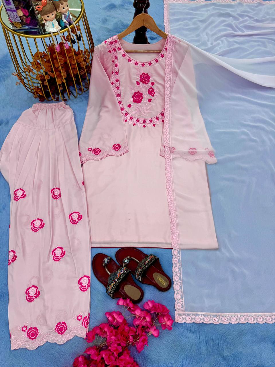 Premium Natural Crepe Top, Farshi Plazzo & Faux Georgette Dupatta