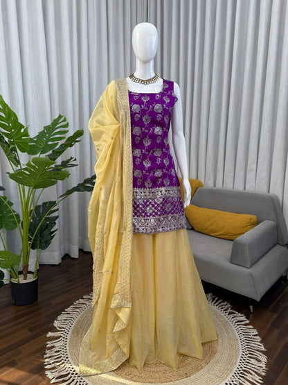 Premium Jequrd Top, Crunchy Silk Plazzo & Dupatta – Thread & Sequins Embroidery Work
