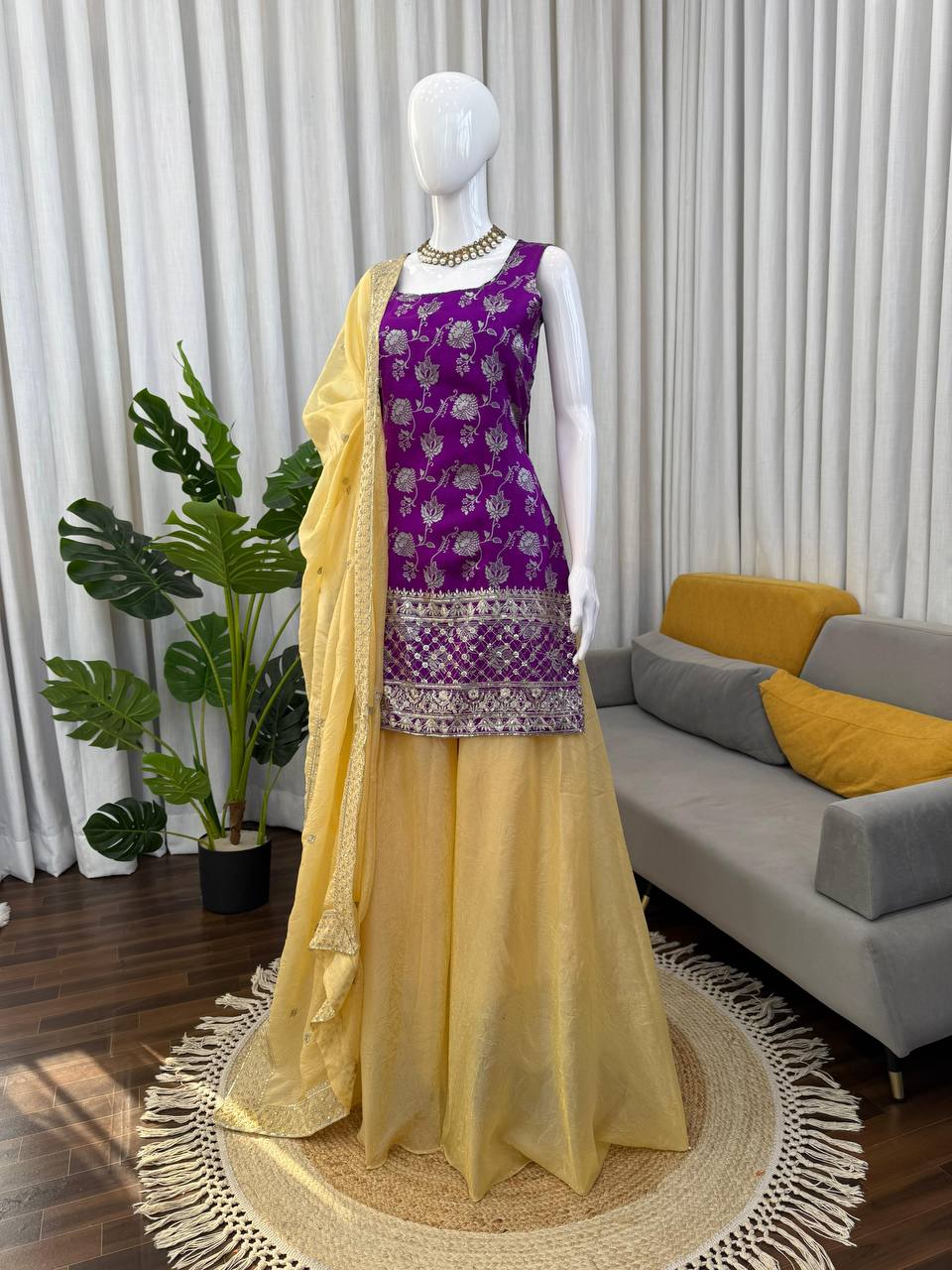Premium Jequrd Top, Crunchy Silk Plazzo & Dupatta – Thread & Sequins Embroidery Work