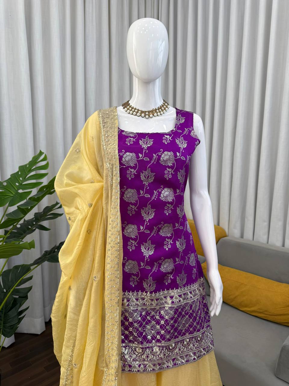 Premium Jequrd Top, Crunchy Silk Plazzo & Dupatta – Thread & Sequins Embroidery Work