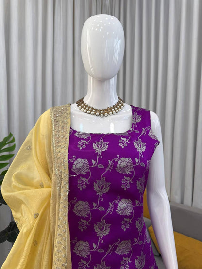 Premium Jequrd Top, Crunchy Silk Plazzo & Dupatta – Thread & Sequins Embroidery Work