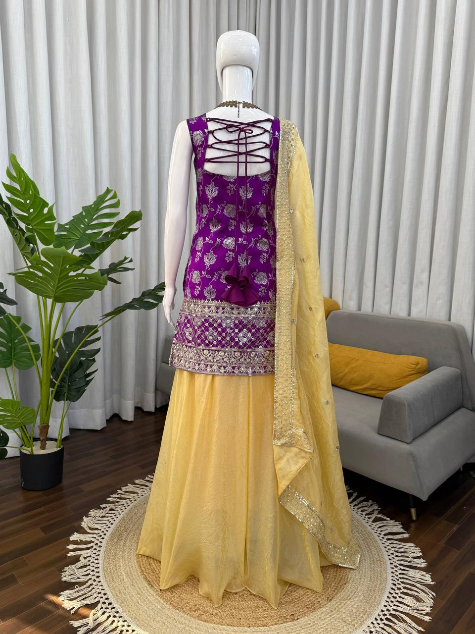 Premium Jequrd Top, Crunchy Silk Plazzo & Dupatta – Thread & Sequins Embroidery Work