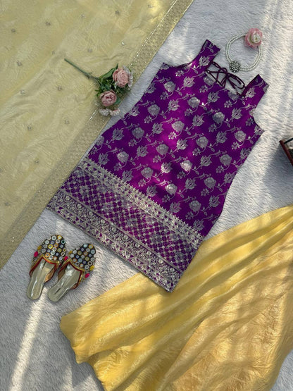 Premium Jequrd Top, Crunchy Silk Plazzo & Dupatta – Thread & Sequins Embroidery Work