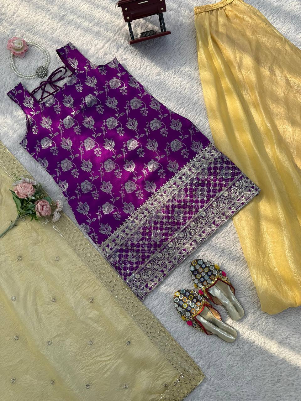 Premium Jequrd Top, Crunchy Silk Plazzo & Dupatta – Thread & Sequins Embroidery Work