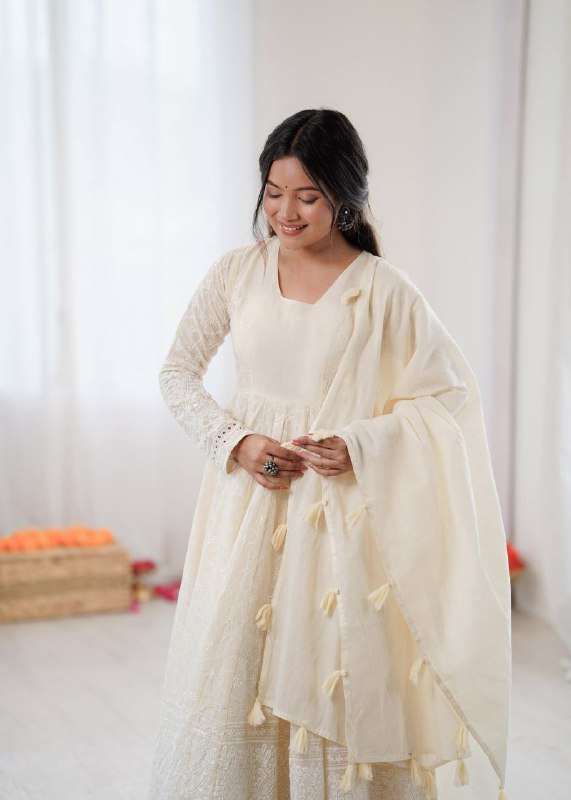 Premium Kora Cotton Anarkali Suit Set – Schiffli Embroidery Work with Dupatta