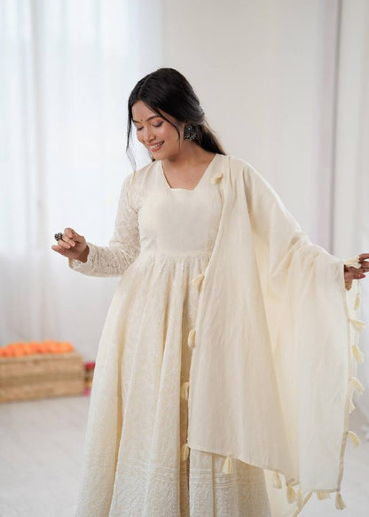 Premium Kora Cotton Anarkali Suit Set – Schiffli Embroidery Work with Dupatta
