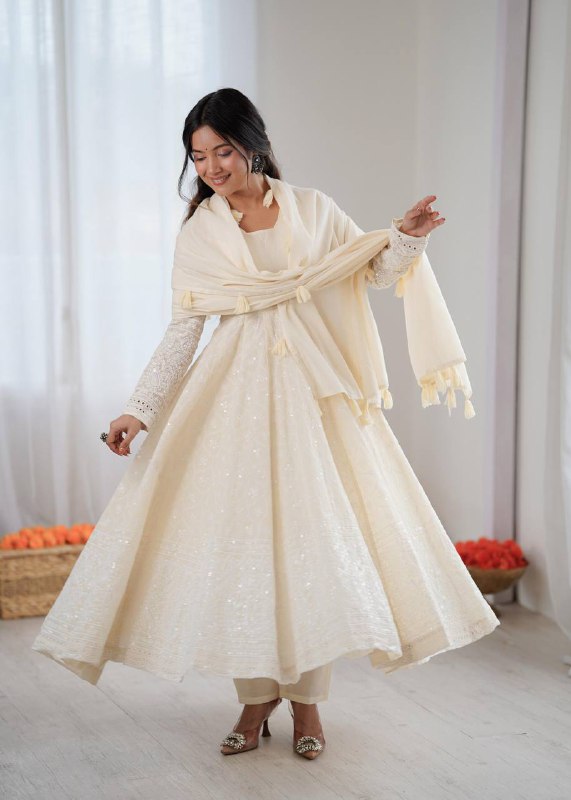 Premium Kora Cotton Anarkali Suit Set – Schiffli Embroidery Work with Dupatta