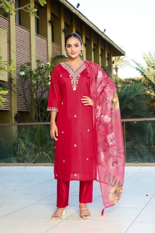 Premium Roman Silk Kurti, Pant & Chanderi Silk Dupatta – Sequins Embroidery
