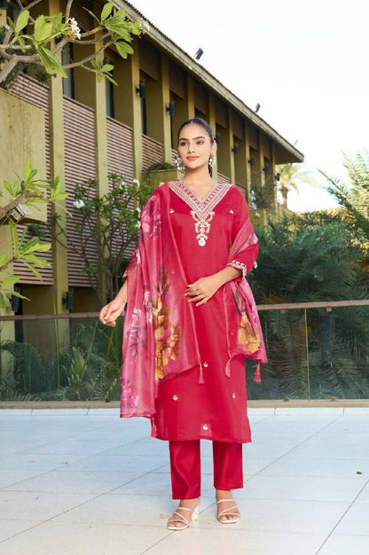 Premium Roman Silk Kurti, Pant & Chanderi Silk Dupatta – Sequins Embroidery