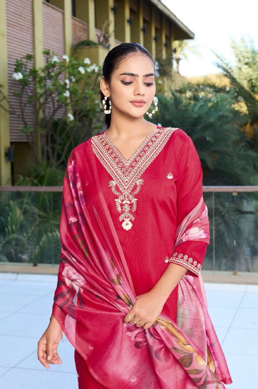 Premium Roman Silk Kurti, Pant & Chanderi Silk Dupatta – Sequins Embroidery