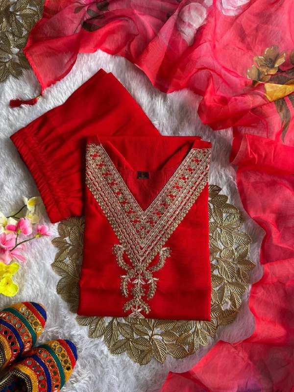 Premium Roman Silk Kurti, Pant & Chanderi Silk Dupatta – Sequins Embroidery