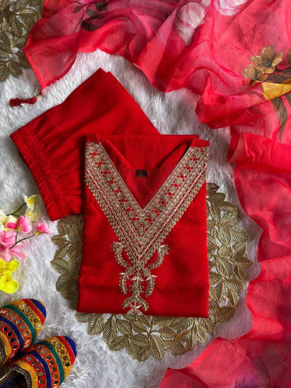 Premium Roman Silk Kurti, Pant & Chanderi Silk Dupatta – Sequins Embroidery