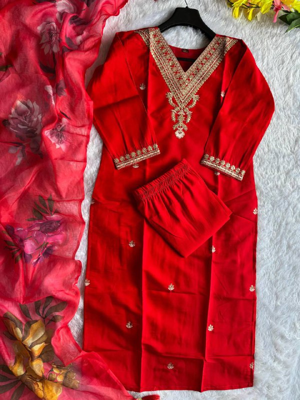 Premium Roman Silk Kurti, Pant & Chanderi Silk Dupatta – Sequins Embroidery