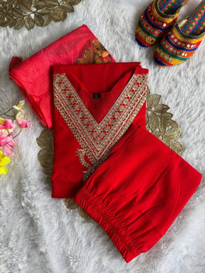 Premium Roman Silk Kurti, Pant & Chanderi Silk Dupatta – Sequins Embroidery