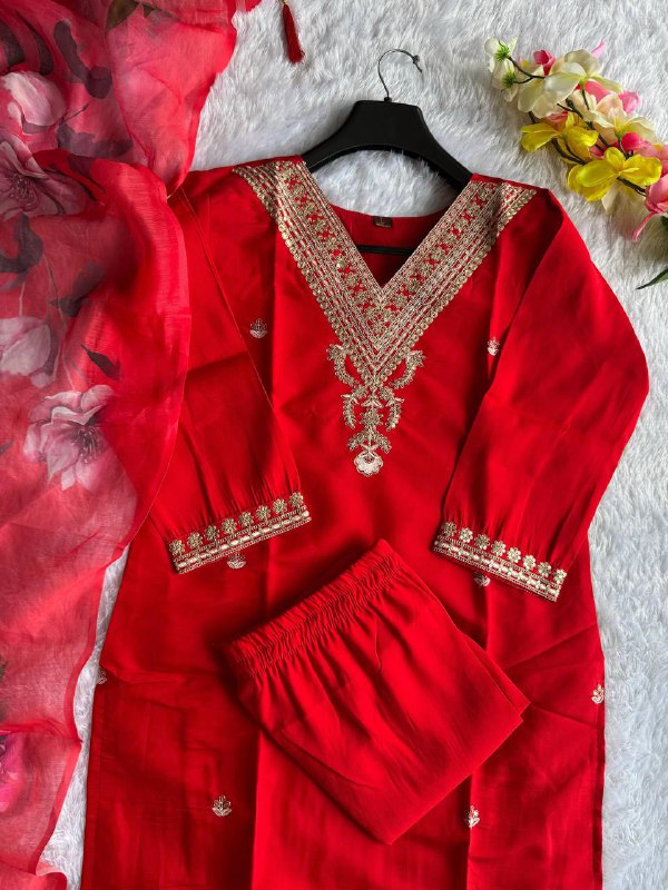Premium Roman Silk Kurti, Pant & Chanderi Silk Dupatta – Sequins Embroidery
