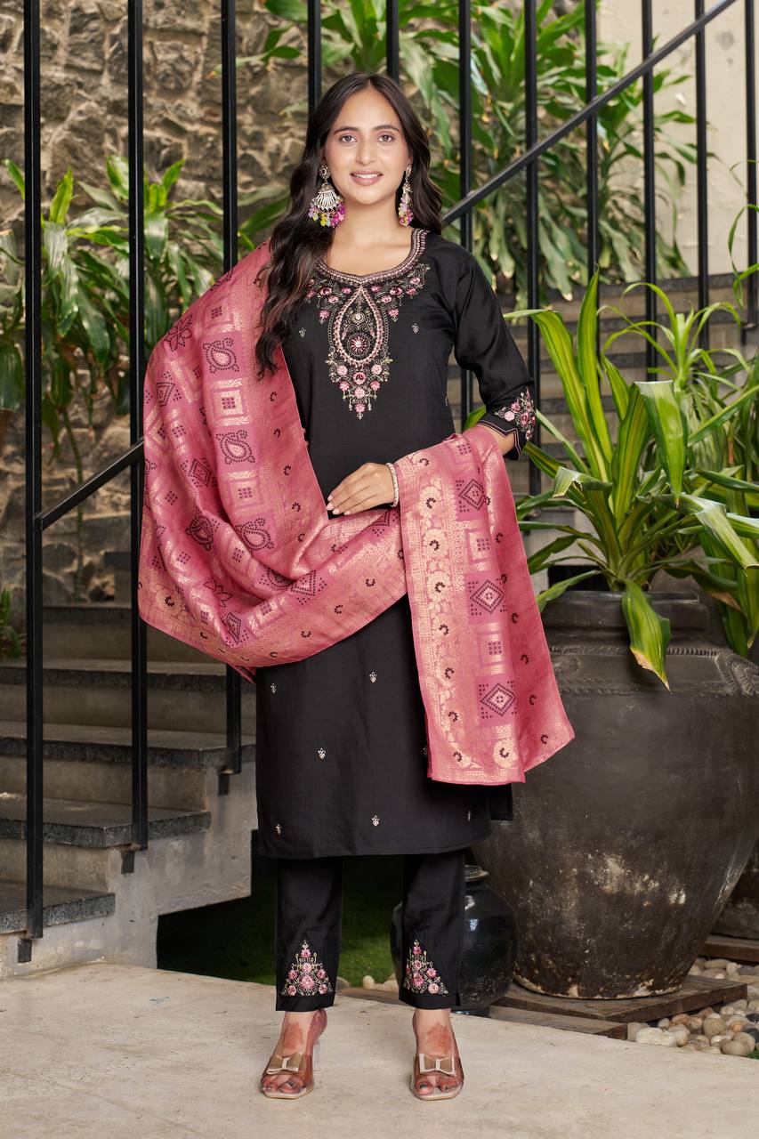 Premium Marina Silk Kurti, Pant & Maslin Dupatta – Multi Thread Embroidery