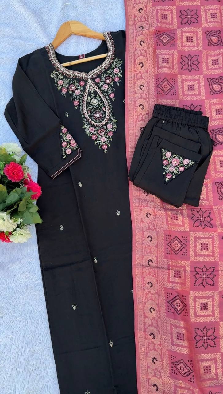 Premium Marina Silk Kurti, Pant & Maslin Dupatta – Multi Thread Embroidery